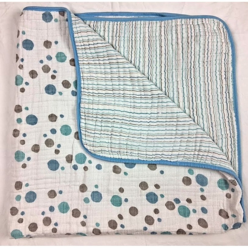 Aden + Anais‎ White Blue Gray Polka Dot Stripe Muslin Baby Dream Blanket 44x44